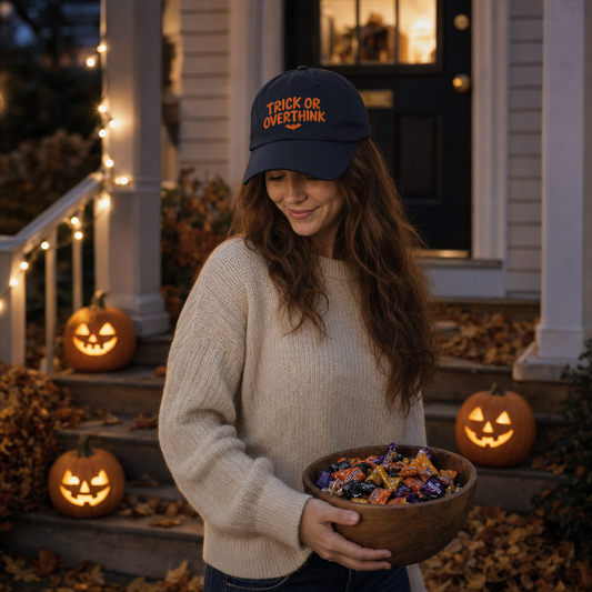 Woman on a porch at dusk holding a bowl of sweets, wearing the navy Trick or Overthink cap