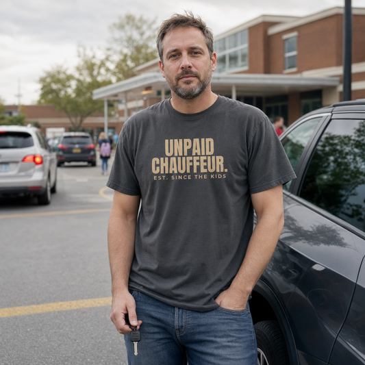 Unpaid Chauffeur tee worn as a gift, charcoal