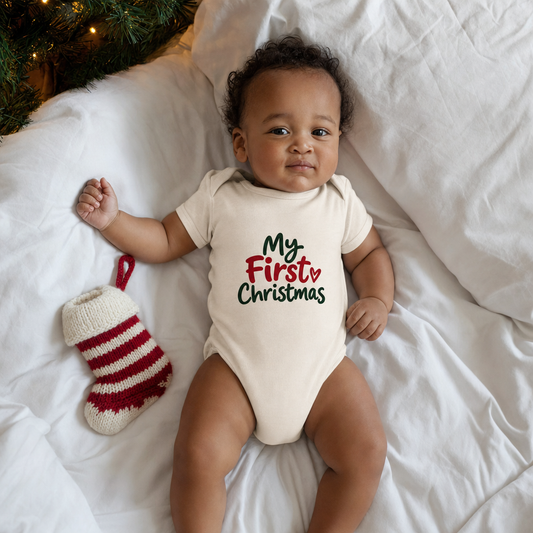 My First Christmas organic cotton baby bodysuit with a knitted stocking