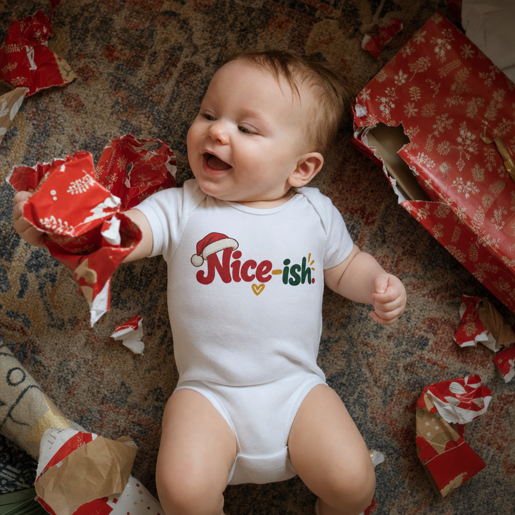 Nice-ish baby bodysuit on a baby playing with wrapping paper