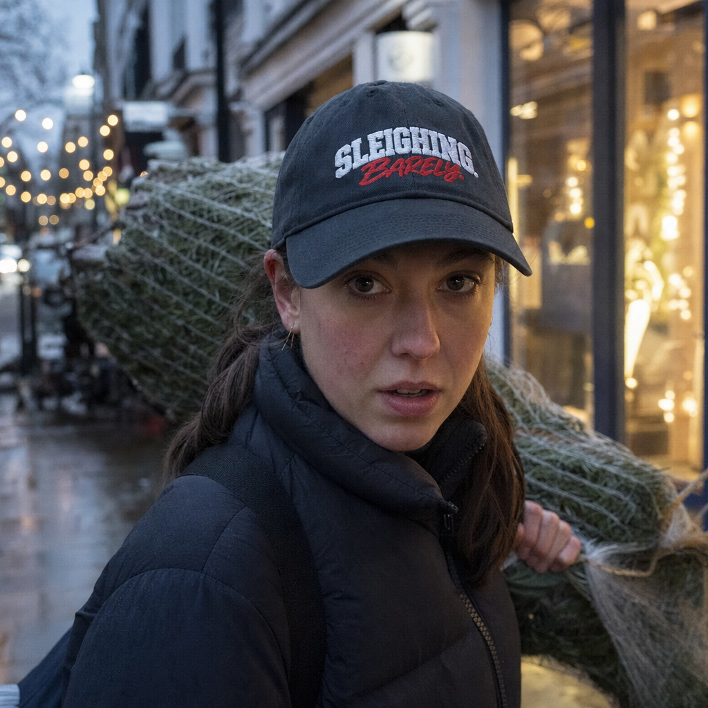 Sleighing. Barely. embroidered cap worn while dragging a Christmas tree home