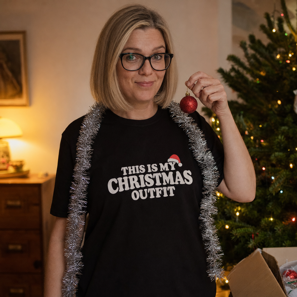 This Is My Christmas Outfit Santa Hat tee worn decorating the Christmas tree