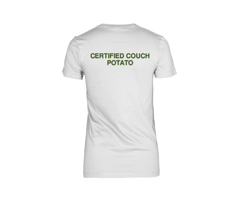 Certified Couch Potato Brutalist Typography Tee — female back TJ mockup