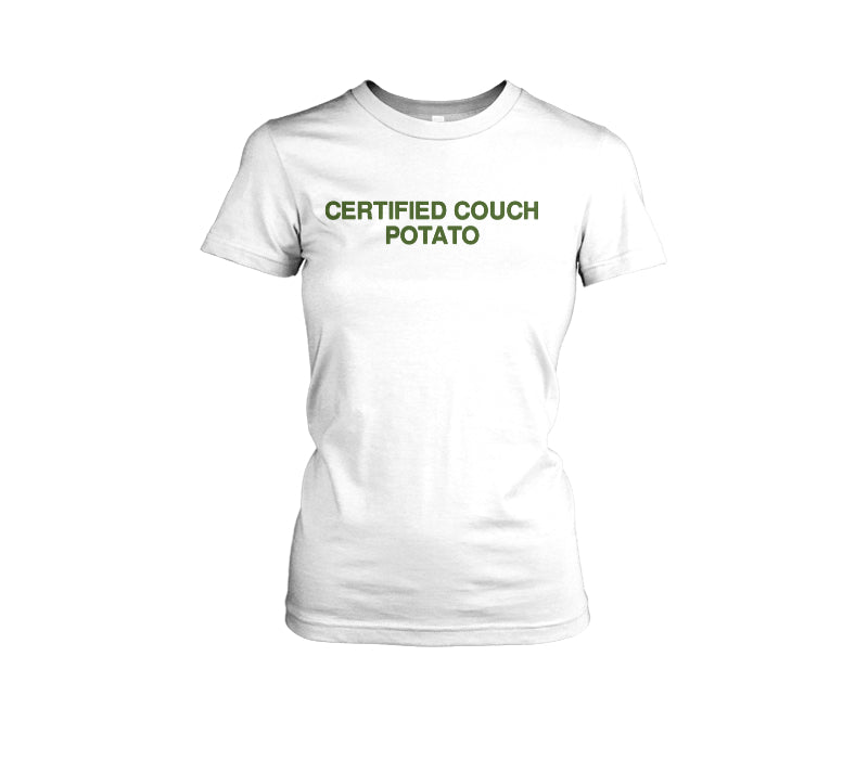 Certified Couch Potato Brutalist Typography Tee — female front TJ mockup
