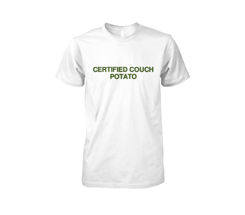 Certified Couch Potato Brutalist Typography Tee — male front TJ mockup