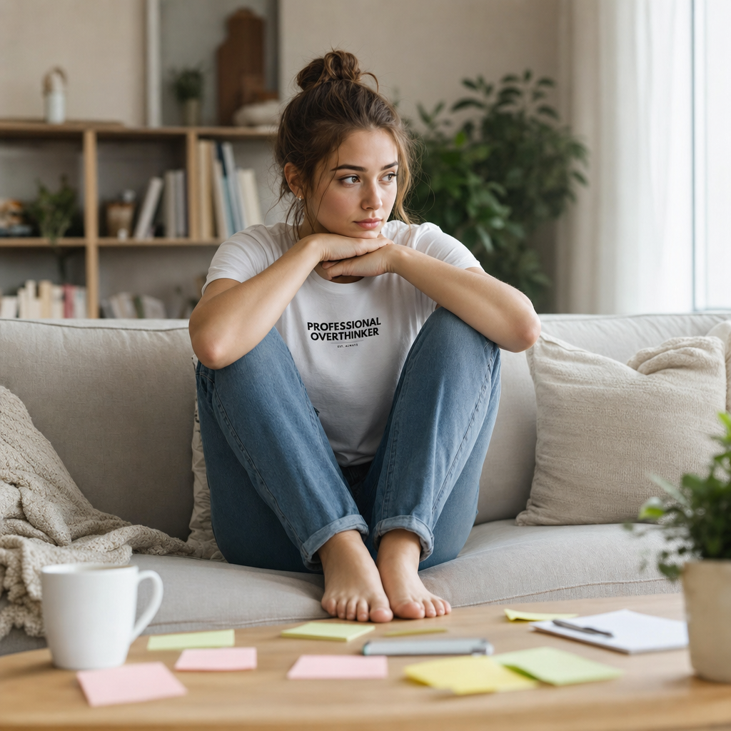 Professional Overthinker tee lifestyle photo, woman with sticky notes