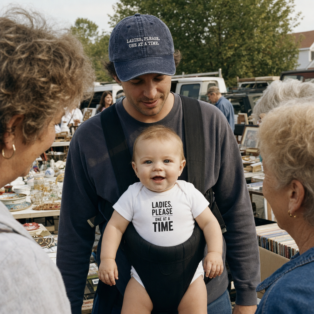 Ladies, Please. One at a Time. matching set: dad in the vintage cap, baby in the bodysuit, at a car-boot sale