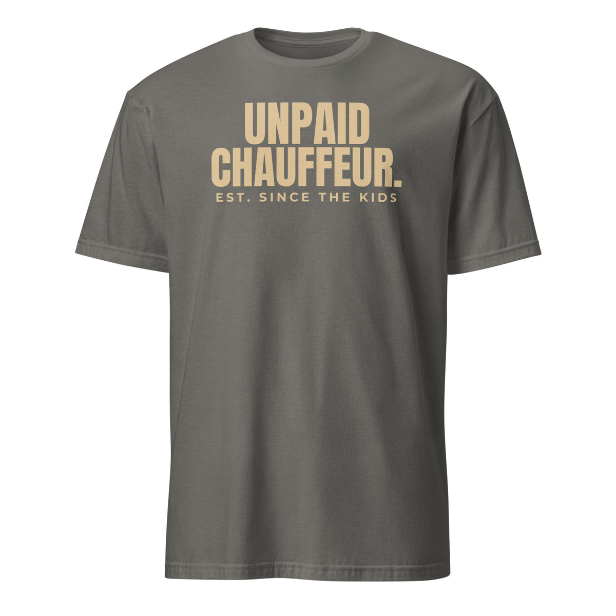 Unpaid Chauffeur tee in Charcoal, front print